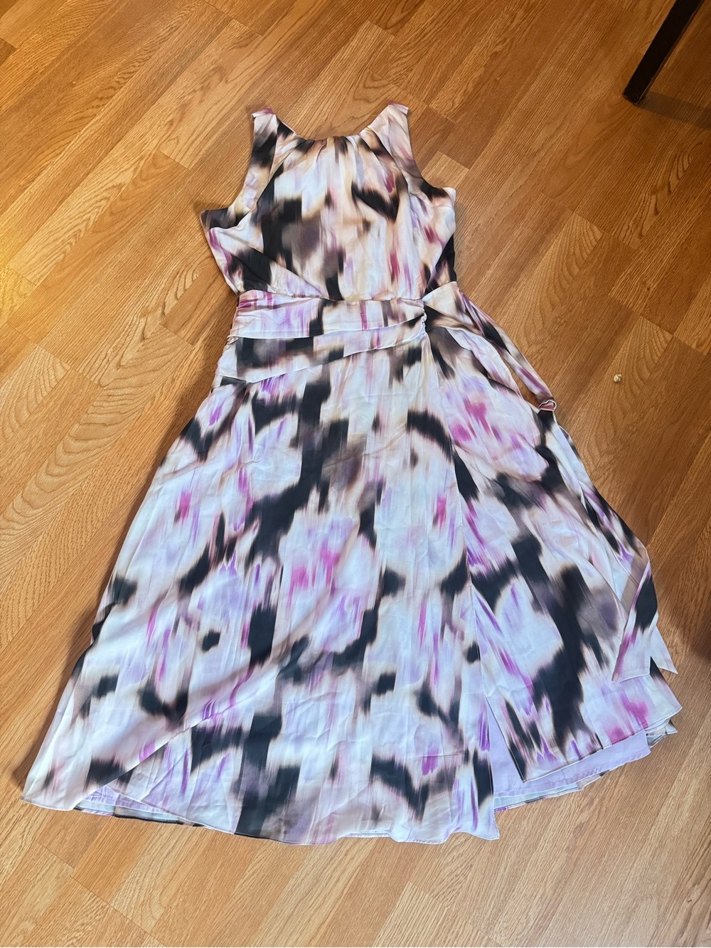 Ina sleeveless midi dress in pink, black, cream watercolor print